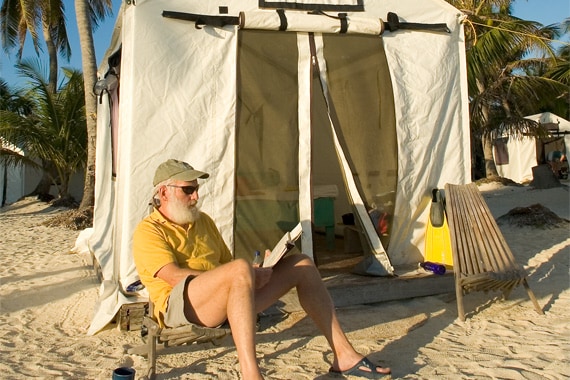 At Southwest Caye, our basecamp, we'll sleep in spacious safari-style tents.