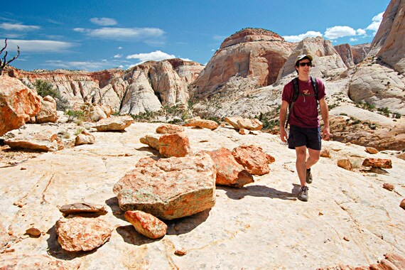 Sandstone slickrock, a hallmark of southern Utah, is formed from ancient sand dunes and makes a perfect surface for backcountry travel.