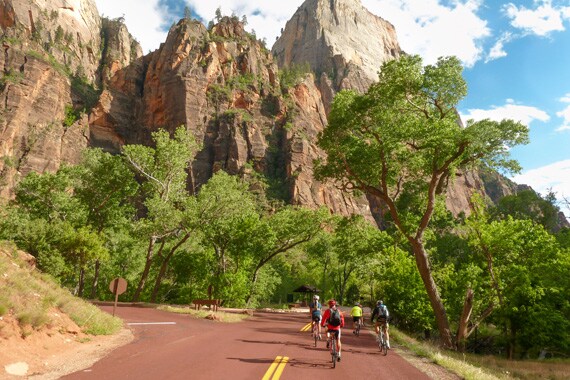 We ride the Floor of the Valley Road along the glistening Virgin River to soak up Zion's stunning vistas.