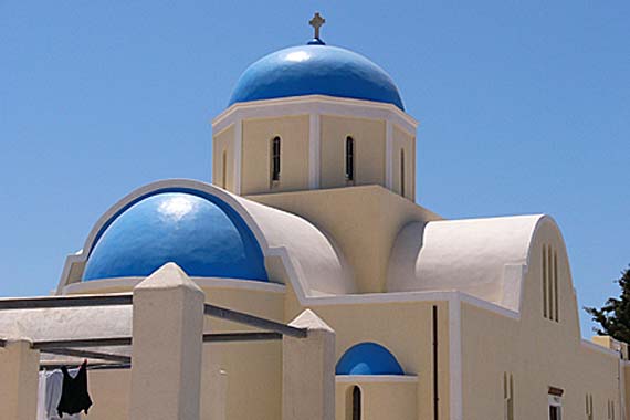 Blue domed, white-washed Orthodox churches are one of Greece's iconic landmarks.