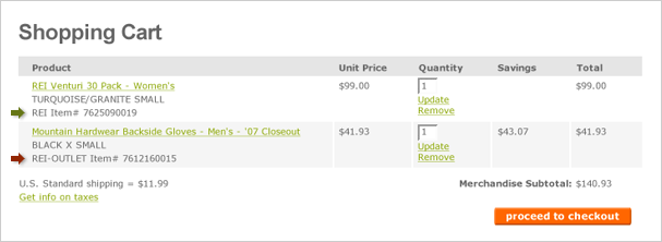 Shopping Cart example with both a REI.com and a REI-OUTLET.com item Shopping Cart example with both a REI.com and a REI-OUTLET.com item