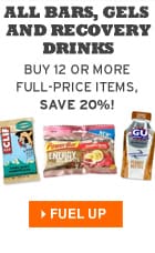 All Bars, Gels and Recovery Drinks:  Buy 12 or more full-price items, save 20%!  Fuel up