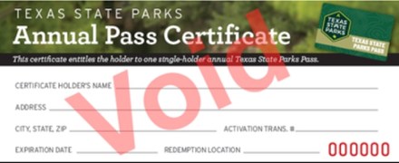 Texas State Parks Annual Pass Certificate