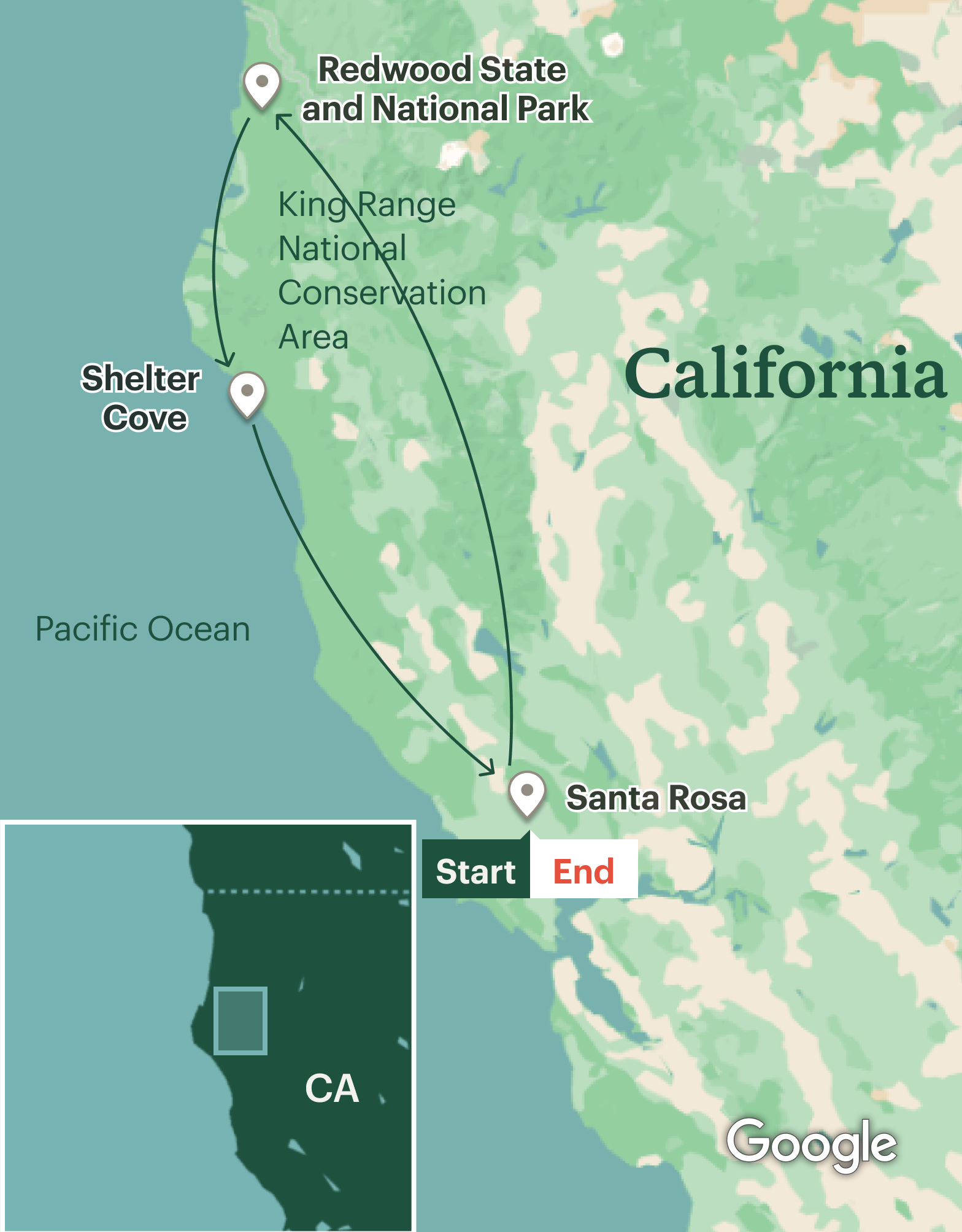Itinerary map for Backpacking California's Lost Coast