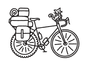 Line drawing of a bike decked out for adventure.