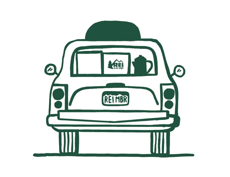 An illustrated green car is shown from the rear. REI boxes are visible through the back window.