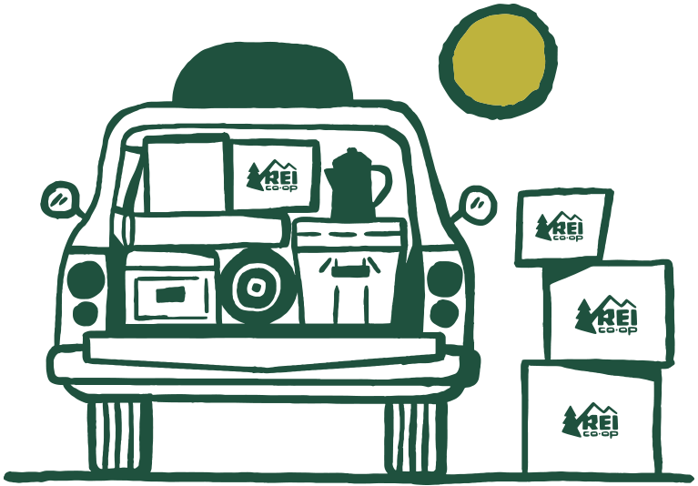 An illustrated green car is shown from the rear with an open trunk, which is packed with REI boxes and outdoor gear, including a cooler and coffee percolator. Three REI boxes are stacked next to the car.
