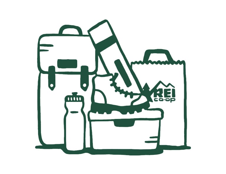 An illustrated pile of outdoor gear includes an REI box, a hiking boot and a sleeping pad.