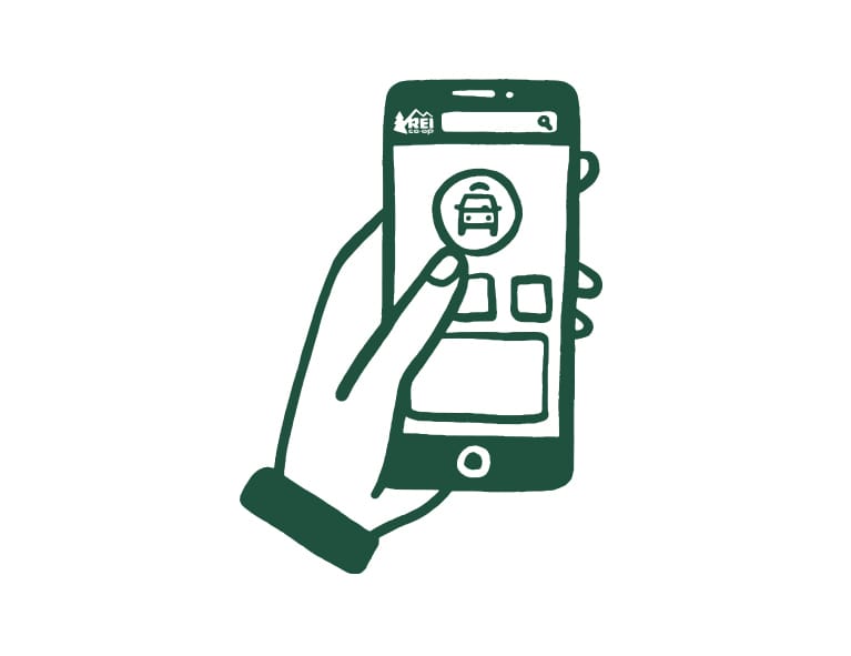 An illustrated hand holds a mobile phone.