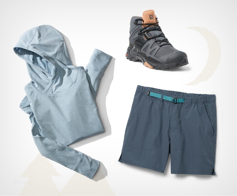A long-sleeve shirt, hiking shorts and boots.