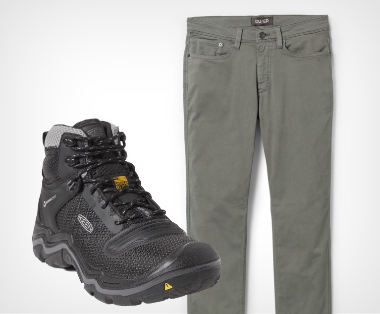 KEEN Durand Evo Mid Waterproof Hiking Boots and DUER No Sweat Slim Fit Pants.
