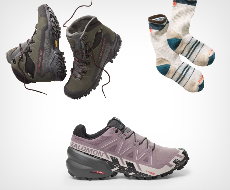 La Sportiva Nucleo High II GTX Hiking Boots, Smartwool Outdoor Light Cushion Crew Socks, and Salomon Speedcross 6 Trail-Running Shoes.
