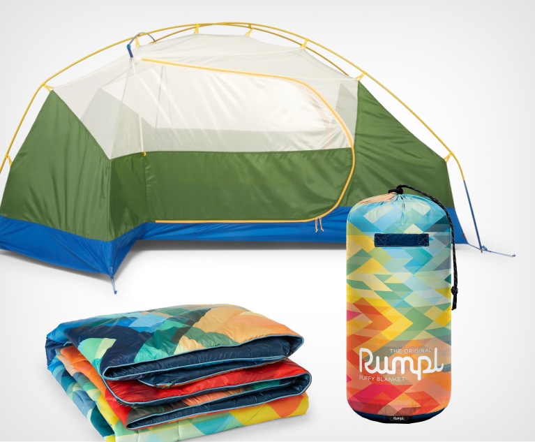 Marmot Limelight Tent and Rumpl Original Puffy Blanket in Geo.