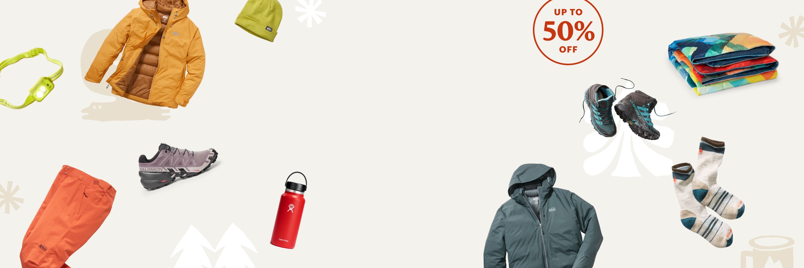 Recreational clothing and gear with outdoorsy illustrations. Cyber Week Sale and Clearance, up to 50 percent off.