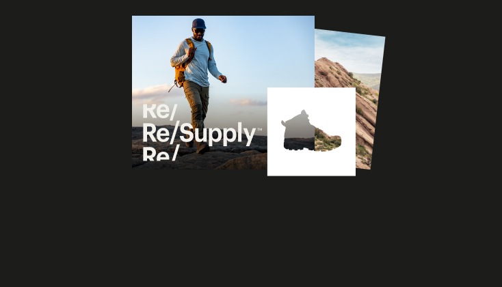 A hiker on a mountain trail against a blue sky backdrop. An outline of a hiking boot.