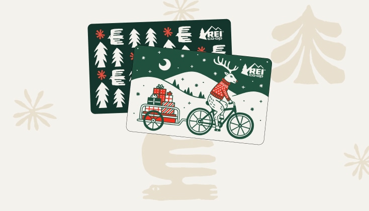 R E I holiday gift cards surrounded by hand-drawn winter illustrations.