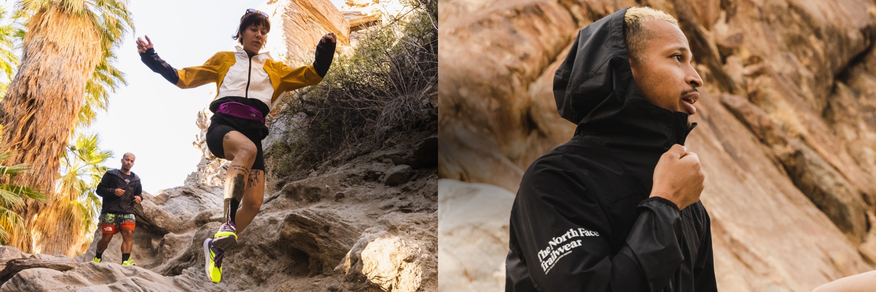 Two runners wearing The North Face Trailwear rest on a large boulder on the side of a trail.