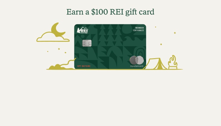An illustration of a green credit card against a backdrop of clouds. Text reads, earn a 100 dollar R E I gift card.