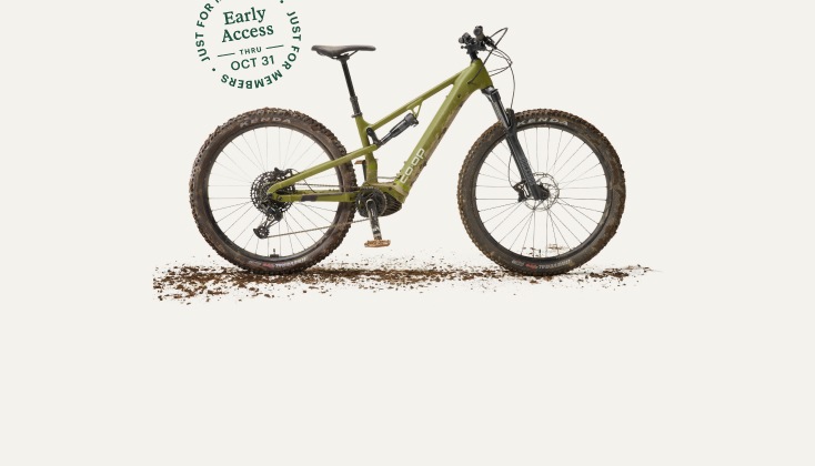 The D R T e 3.1 electric mountain bike from R E I Co-op. Text reads, just for members, early access through October 31.