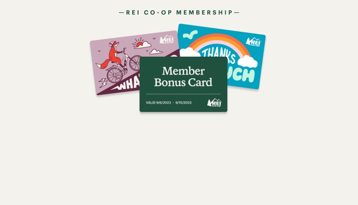 An R E I member bonus card and two R E I gift cards. Text reads, valid September 6 through September 15.