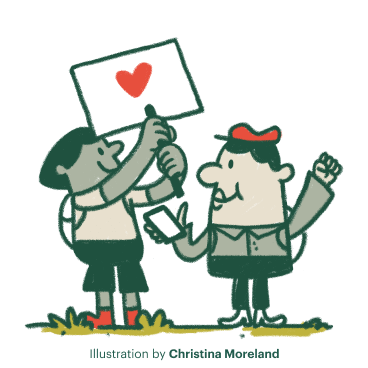 Illustration of happy hikers raising a heart sign.
