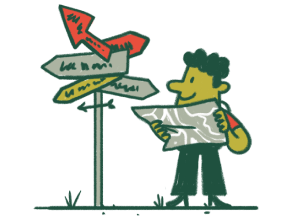 Illustration of a happy wanderer standing at a guidepost while checking his map.