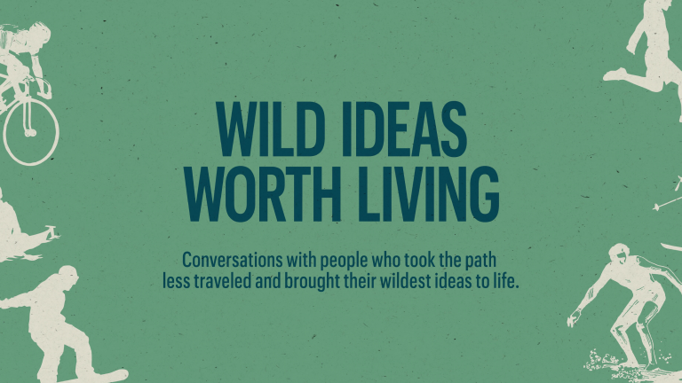 Promotional graphic for an R E I Co-op podcast entitled “Wild ideas worth living”, featuring a textured green background and silouhettes of people enjoying different outdoor activities: cycling, paddling, snowboarding, soccer, and surfing.