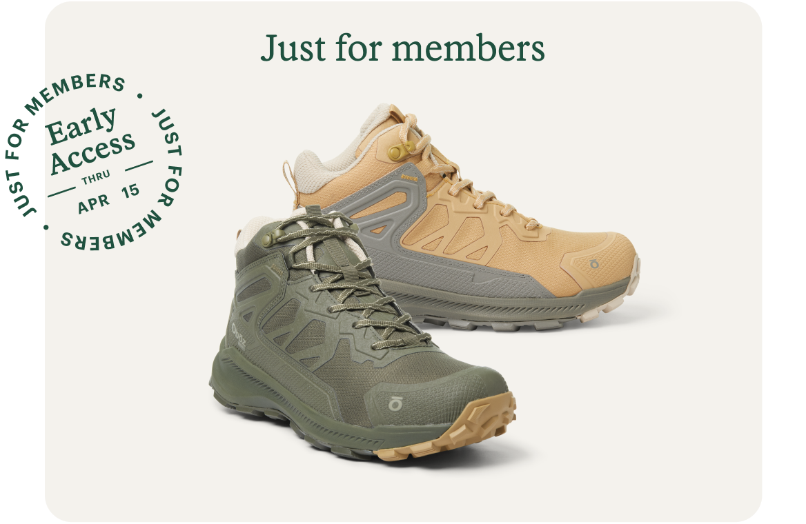 Two pairs of Oboz boots. One is army green and the other is tan with gray detailing.
