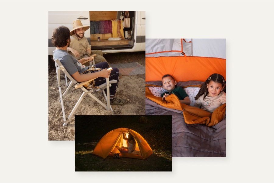 A collage of campers in sleeping bags, tents and camp chairs.