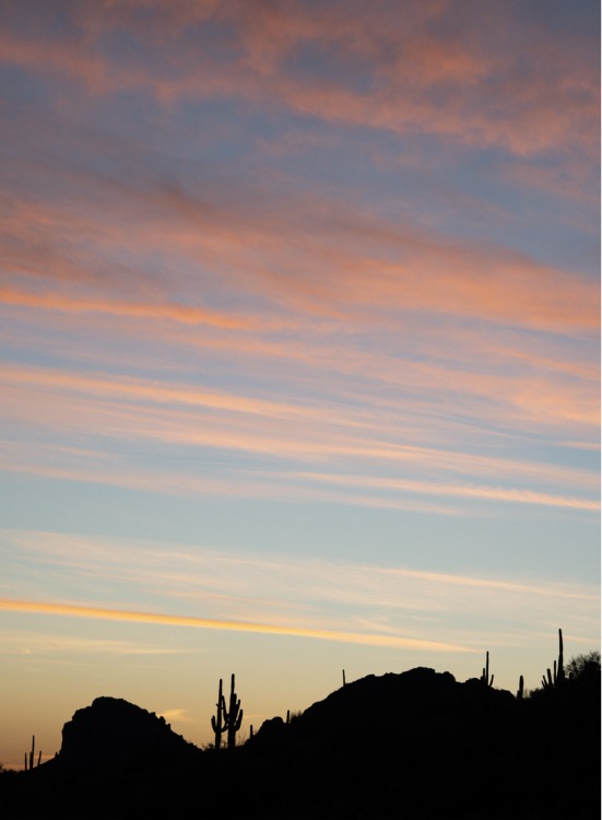 A desert sunset with orange and pink clouds filling the sky.