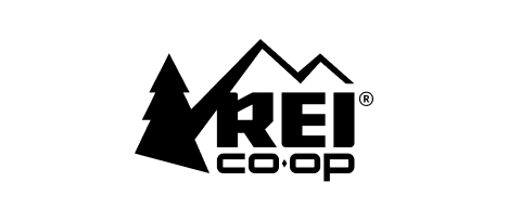 R E I Co-op logo with tree and mountain silhouette.