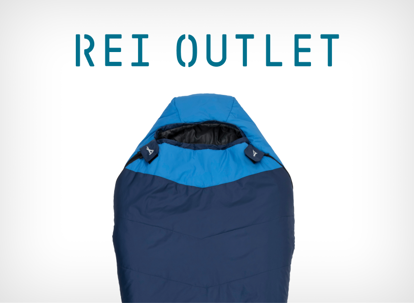 A blue mummy sleeping bag. Text reads, "R E I Outlet."