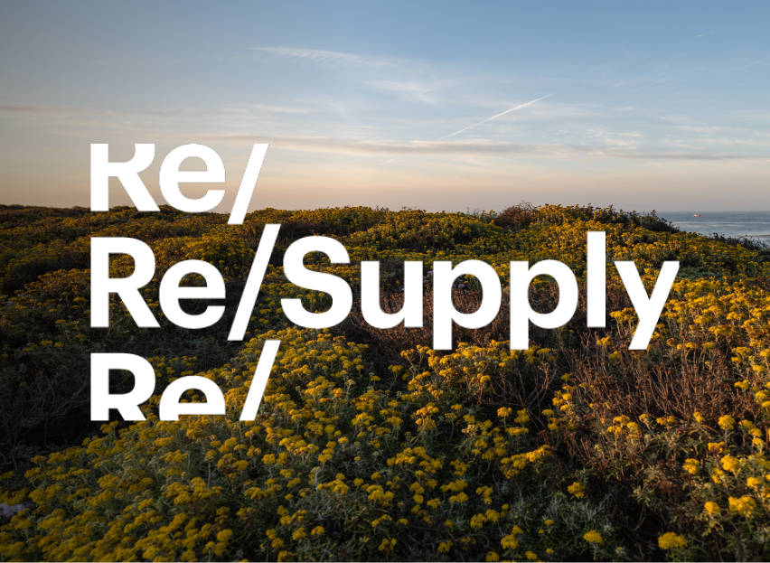 The R E I Re Supply logo over a field of yellow wildflowers.