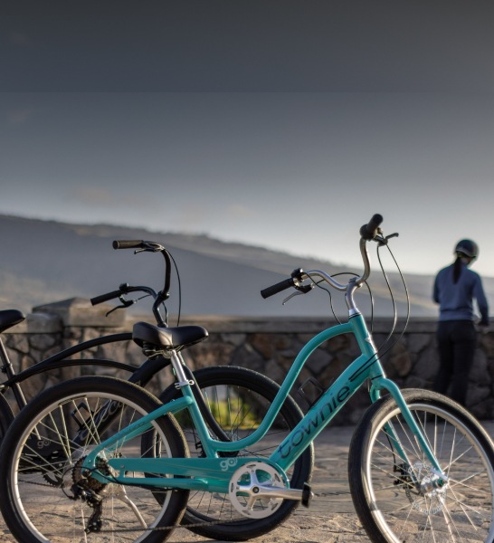 A group of bikers take a break to admire the view while their bikes stand upright with the kickstands down