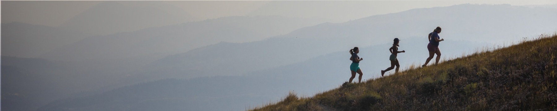 Three hikers heading up a hill are silhouetted against a beautiful, misty vista.