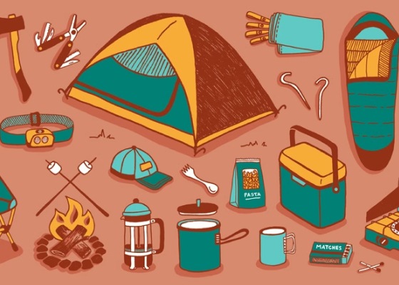 An illustrated collage of camping items that includes a backpack, tent, cooler, sleeping bag, and more.