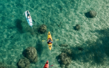 Overhead shot of people kayaking and paddleboarding in crystal clear water