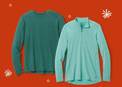 R E I Co-op Midweight Long-Sleeve Base Layer Top and Merino 185 Long-Sleeve Half-Zip Base Layer Top.