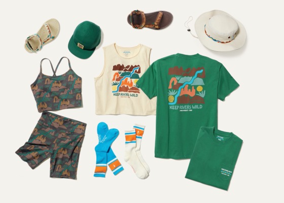 An above view of pieces from the Teva x Parks Project Collab. You can see some of the pieces laid out as if they were on a table.