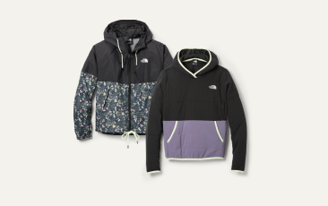 Two North Face hooded pieces. One has a zip front and is colorblocked with black on the top and a teal, purple, and white pattern. The other is color blocked with black on top and purple on the bottom.