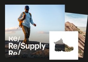 A collage with a hiker, boot and terrain.