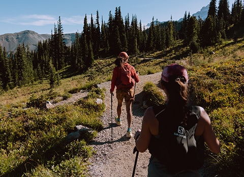 Two Black women hiking a beautiful mountain trail in the summer.
