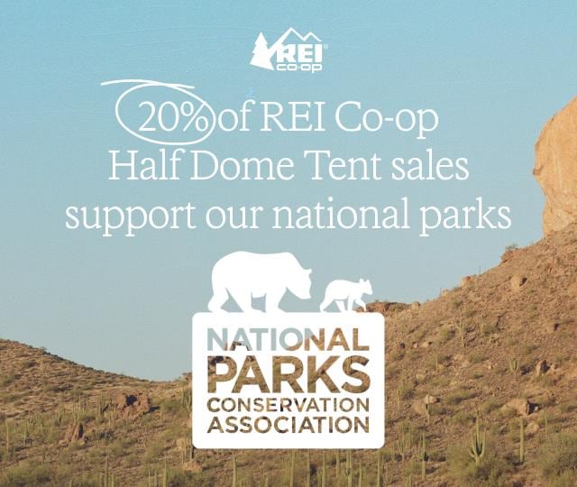 Close up of half dome tent with offer information