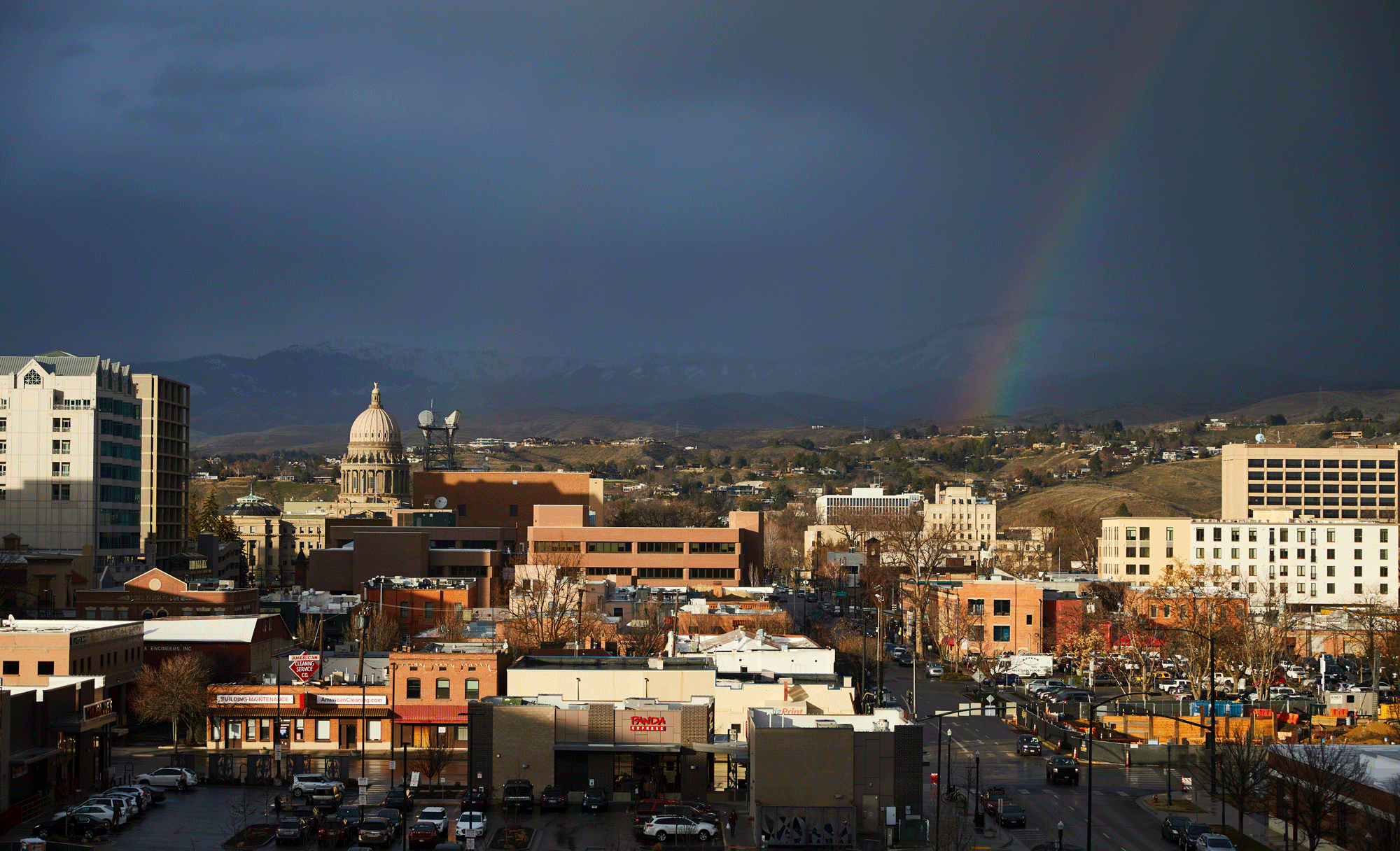 A rainbow arches over downtown Boise, Idaho.