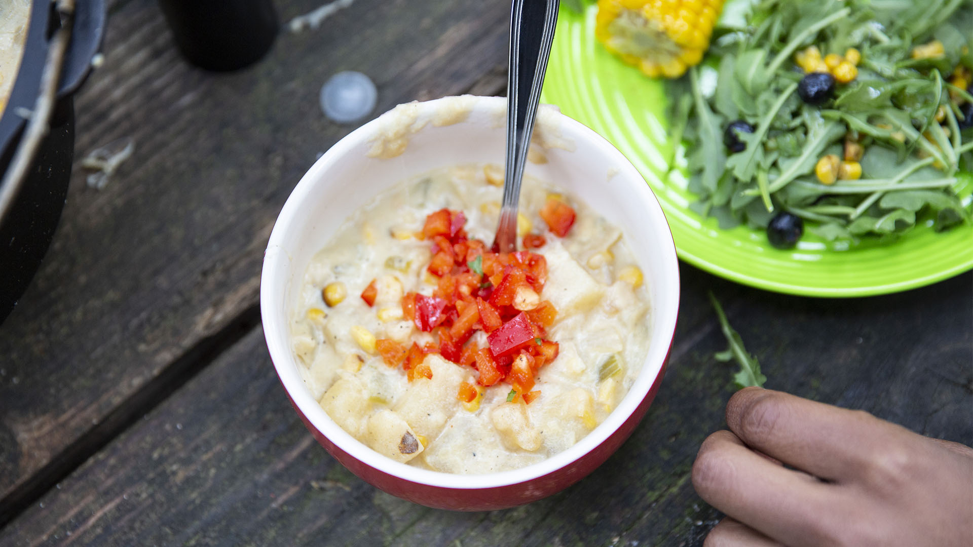 Corn chowder, salad, and corn on-the-cob