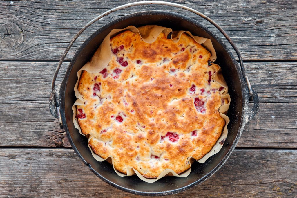 Raspberry cake after cooking in dutch oven