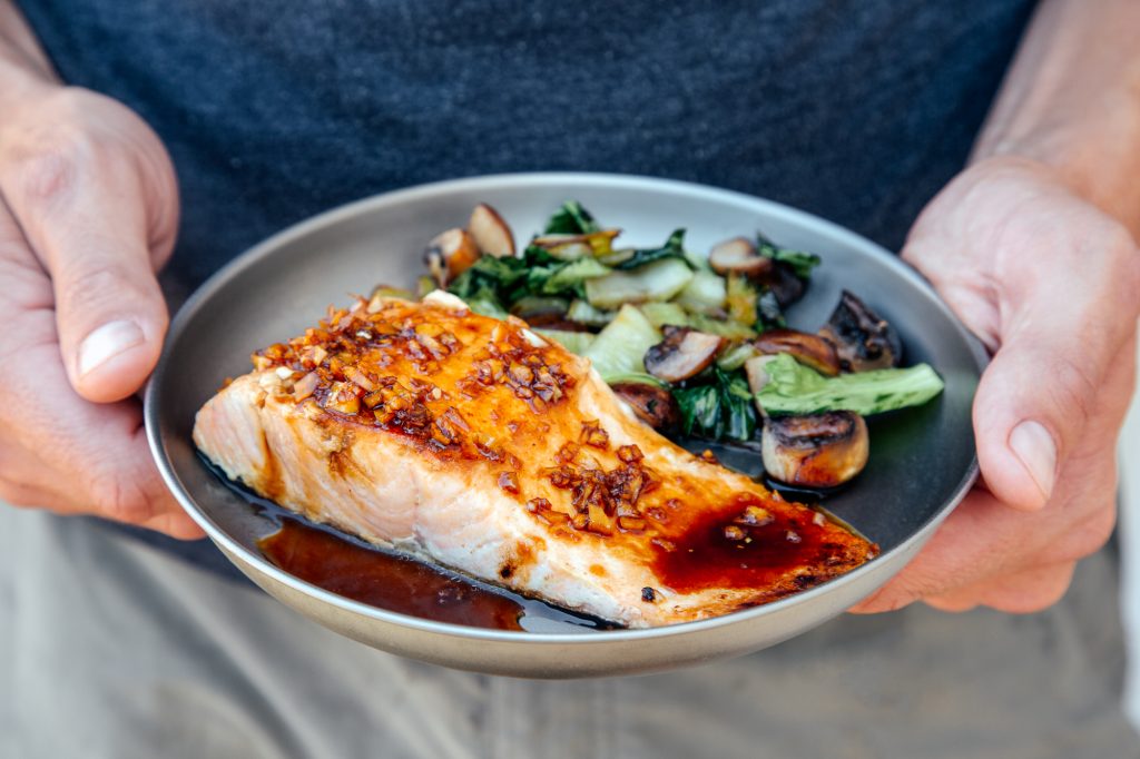 Plated soy-glazed salmon and bok choy