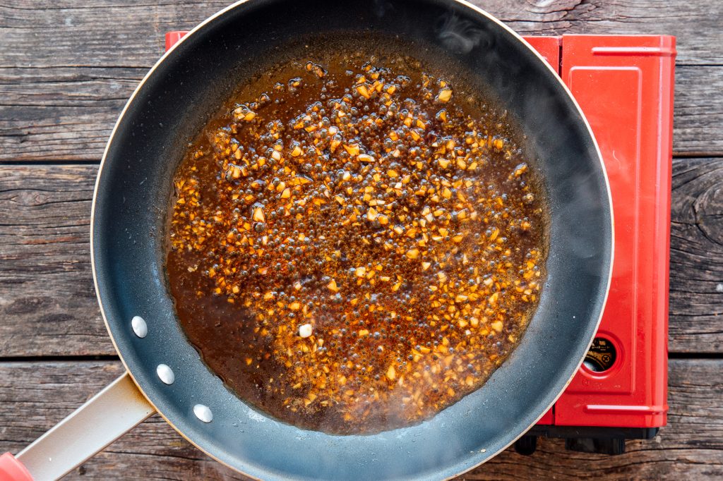 Soy-glazed salmon sautee pan
