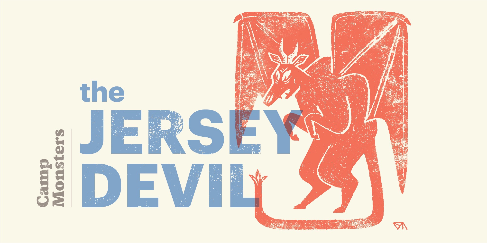 And illustration of the Jersey Devil with text overlay that says the Camp Monsters Podcast and The Jersey Devil.