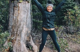 Karen Wang jumping on the PCT